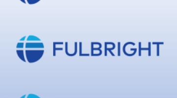 Repeats &quot;Fulbright&quot; three times with a stylized blue globe.