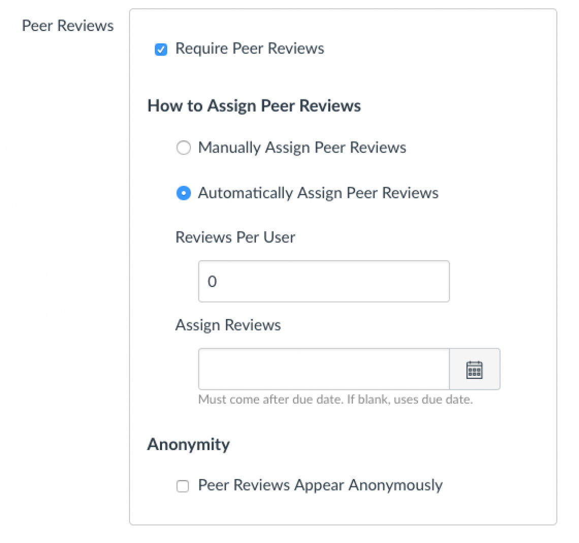 a screen shot of the available options for peer review in an a Canvas assignment