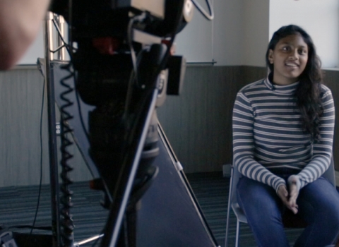 Northwestern student on-camera discussing educational technology