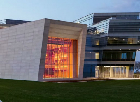 An exterior image of Galvin Recital Hall on Northwestern campus at dusk