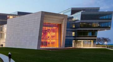 An exterior image of Galvin Recital Hall on Northwestern campus at dusk